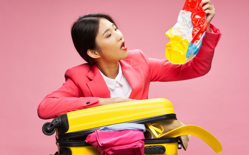 Woman holding deflated beach ball